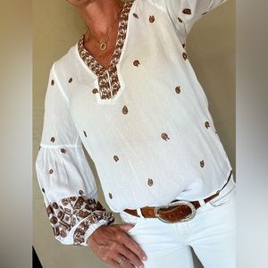 Hale Bob Bo Ho style blouse with brown embroidery. Brand new with tags still on